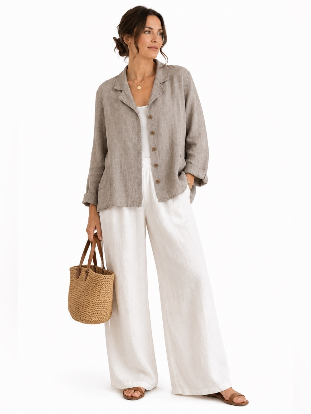 FLAX 100% Linen Jacket Women M Taupe Minimalist Lagenlook Coastal